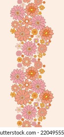 Retro vector seamless pattern texture vertical pattern border vintage style 70' and 60's flower pattern pink orange flowers and leaves, great for wallpaper background fabric projects. 