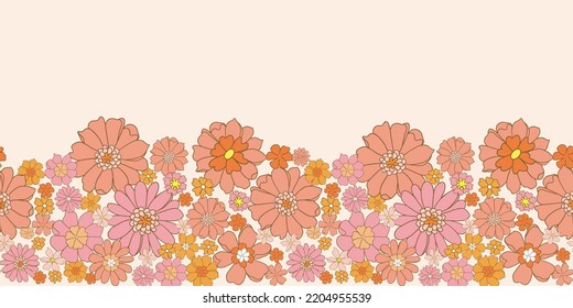 Retro vector seamless pattern texture horizontal pattern border vintage style 70' and 60's flower pattern pink orange flowers and leaves, great for wallpaper background fabric projects. 