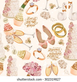 Retro vector seamless pattern with wedding icons on light background for wedding invitation, paper, fabric and other printing, web projects.