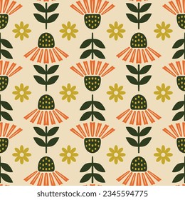 Retro vector seamless sunflowers pattern texture vintage 70's and 60's style great for wallpaper background fabric motifs