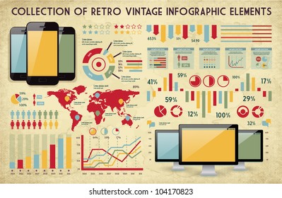 retro vector set of infographic elements for your documents and reports with glossy touchscreen mobile phone and monitor screens
