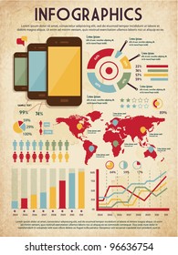 retro vector set of infographic elements for your documents and reports with three touchscreen mobile phone devices