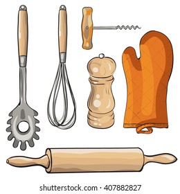 Retro vector set of retro kitchenware for baking. Vector illustration, isolated on a white background.