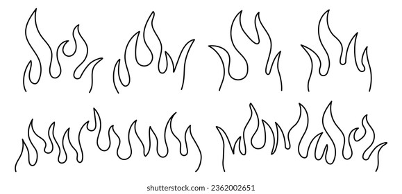 Retro vector set of Y2K Burning fire. Vector set of minimal linear illustrations - trendy abstract aesthetic tongues of flame, minimal tattoo compositions, prints and graphic design elements.