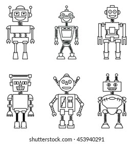  Retro vector smart robots set isolated on white background