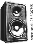 Retro vector sound speaker isolated  grunge halftone dotted vintage cutout music collage element for mixed media design