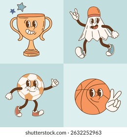 Retro vector sport characters. Hand drawn ball game and racket sport clipart. Perfect for sticker, tee shirt logo, greeting card, poster or nursery print design. EPS 10 vector file.