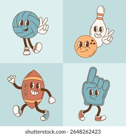 Retro vector sport characters. Hand drawn ball game and racket sport illustration. Perfect for sticker, tee shirt logo, greeting card, poster or nursery print design. EPS 10 vector file.