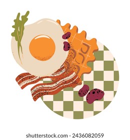 Retro vector still life of breakfast ingredients: fried egg, leaf arugula, beans, wafer on checkered napkin. Traditional nutritious recipe. Hand drawn illustration