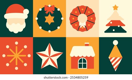 Retro vector style with festive Christmas icons in warm colors. Retro vector design features Santa, wreath, and tree in bold hues. Cute holiday and Christmas icons, including festive vector elements.