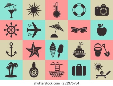 Retro vector summer icons collection on colorful squares