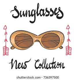 Retro vector sunglasses with arrows. Design elements and Sunglasses lettering