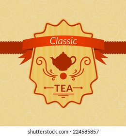 Retro vector tea label with ribbon on beautiful background