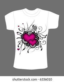 retro vector t-shirt design with lovely hearts, grunge circles and branches
