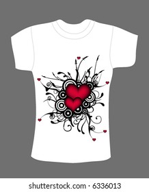 retro vector t-shirt design with lovely hearts, grunge circles and branches