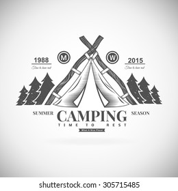 Retro vector vintage camp label and logo graphics. Camping outdoor, adventure and explorer