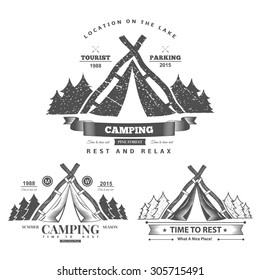 Retro vector vintage camp label and logo graphics. Camping outdoor, adventure and explorer