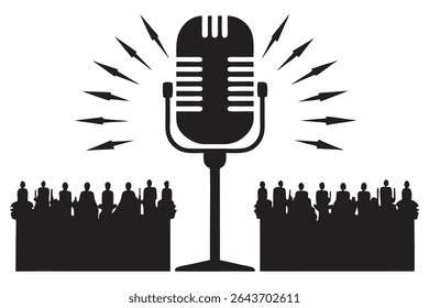 Retro vector of a vintage mic emitting sound waves that morph into a crowd. Faded newspaper texture with democracy headlines in warm sepia tones and red highlights. Symbolic of voice and unity.