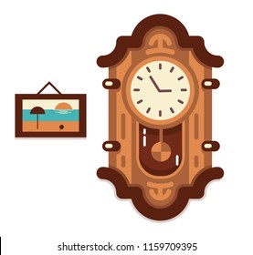 Retro vector Wall watch. Antique clock illustration. Flat modern design