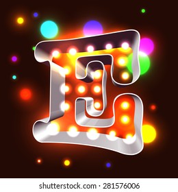 Retro vegas lamps E for signboard club cinema or bar - chrome 3d outline with bright bulbs inside and colorful lightspots outside the form