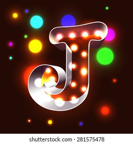 Retro vegas lamps J for signboard club cinema or bar - chrome 3d outline with bright bulbs inside and colorful lightspots outside the form
