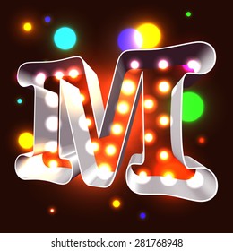 Retro vegas lamps M for signboard club cinema or bar - chrome 3d outline with bright bulbs inside and colorful lightspots outside the form