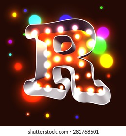 Retro vegas lamps R for signboard club cinema or bar - chrome 3d outline with bright bulbs inside and colorful lightspots outside the form