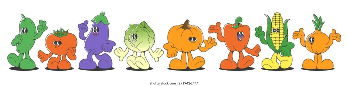 Retro vegetable characters set isolated on white. Vector cartoon illustration of groovy cucumber, tomato, eggplant, cabbage, pumpkin, bell pepper, corn, onion mascots with funny faces, healthy food