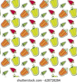 Retro vegetables summer seamless pattern. Stickers design for textile, digital print, paper or web background. Healthy vegetables chili, pepper, jalapeno