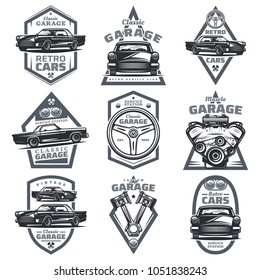 Retro vehicle club emblems set with classic automobiles steering wheel motor engine pistons in vintage style isolated vector illustration