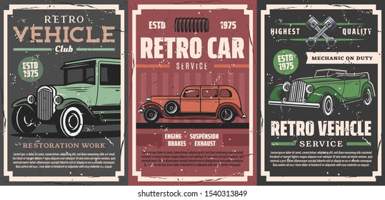 Retro vehicle club, vintage old cars and rarity motors restoration, tuning service posters. Vector car center and mechanic garage station, engine and chassis spare parts shop