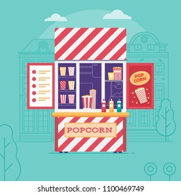 Retro vending popcorn kiosk in flat design. City street food stall for pop corn selling. Summer kitchen parlor on city food festival.
