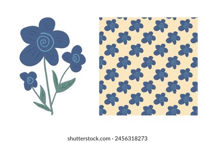 Retro Veronica blue flowers seamless pattern and botanic bouquet composition set. Floral endless background. Wildflower ornament tile. Vintage botanic repeat cover. Vector flat hand drawn illustration