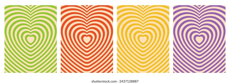 Retro vertical backgrounds collection with hypmotic effect heart tunnel. Groovy posters, romantic psychedelic covers design in 90s. Vector