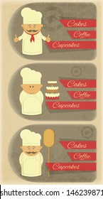 Retro Vertical Cover Menu for Bakery in Vintage Style with Three Cartoon Chefs. Vector Illustration. 
