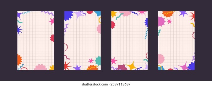 Retro vertical post template set. Vintage frames in y2k style with empty copy space for text. Vector collection of colorful backgrounds with hearts and stars. Social media design