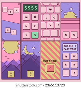 Retro Vertical Posters. Beautiful Cute Designs. 2:1 Wallpapers. Set Of Buttons Concepts.