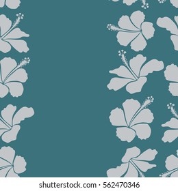 Retro vertical seamless pattern illustration in blue and gray colors. Vector hibiscus flowers and buds with copy space (place for your text).