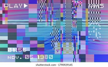 Retro VHS background with Glitch art effect. Vector illustration in retrowave and vaporwave style.