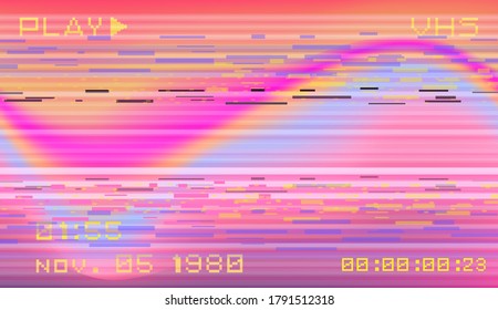 Retro VHS background with Glitch art effect. Vector illustration in retrowave and vaporwave style.