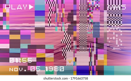 Retro VHS background with Glitch art effect. Vector illustration in retrowave and vaporwave style.