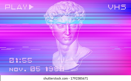 Retro VHS background with Glitch art effect. Vector illustration in retrowave and vaporwave style.