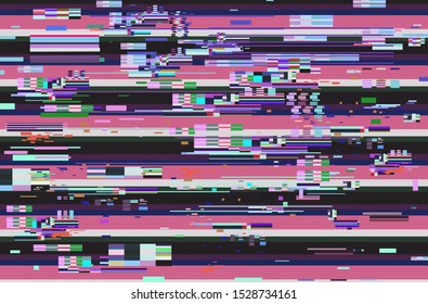 Retro VHS background like in old video tape rewind or no signal TV screen, Glitch camera effect. Vaporwave/ retrowave style vector illustration.