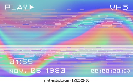 Retro VHS background like in old video tape rewind, no signal TV screen with holographic neon stains. Retrowave / synthwave / vaporwave style illustration.