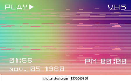 Retro VHS background like in old video tape rewind, no signal TV screen with holographic neon stains. Retrowave / synthwave / vaporwave style illustration.