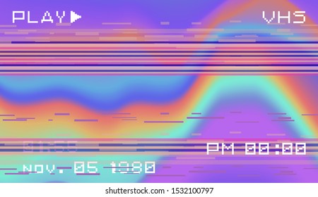 Retro VHS background like in old video tape rewind, no signal TV screen with holographic neon stains. Retrowave / synthwave / vaporwave style illustration.