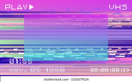 Retro VHS background like in old video tape rewind or no signal TV screen and holographic neon stains. Retrowave / synthwave / vaporwave illustration.