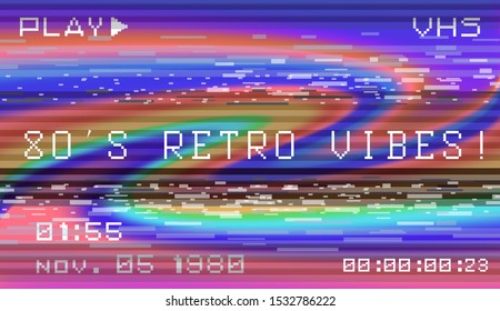 Retro VHS background like in old video tape rewind, no signal TV screen with holographic neon stains. Retrowave / synthwave / vaporwave style illustration.