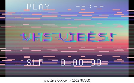 Retro VHS background like in old video tape rewind or no signal TV screen and holographic neon stains. Retrowave / synthwave / vaporwave illustration.