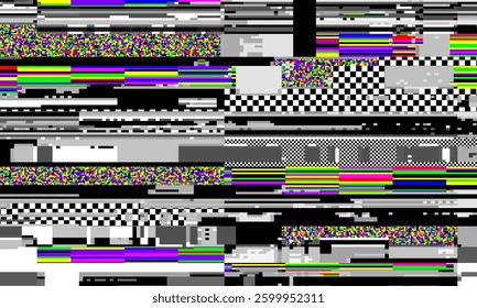 Retro VHS background like in old video tape rewind or no signal TV screen with glitch camera effect.